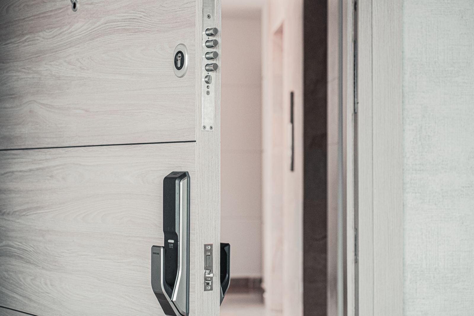 Smart door lock installed on a modern front door